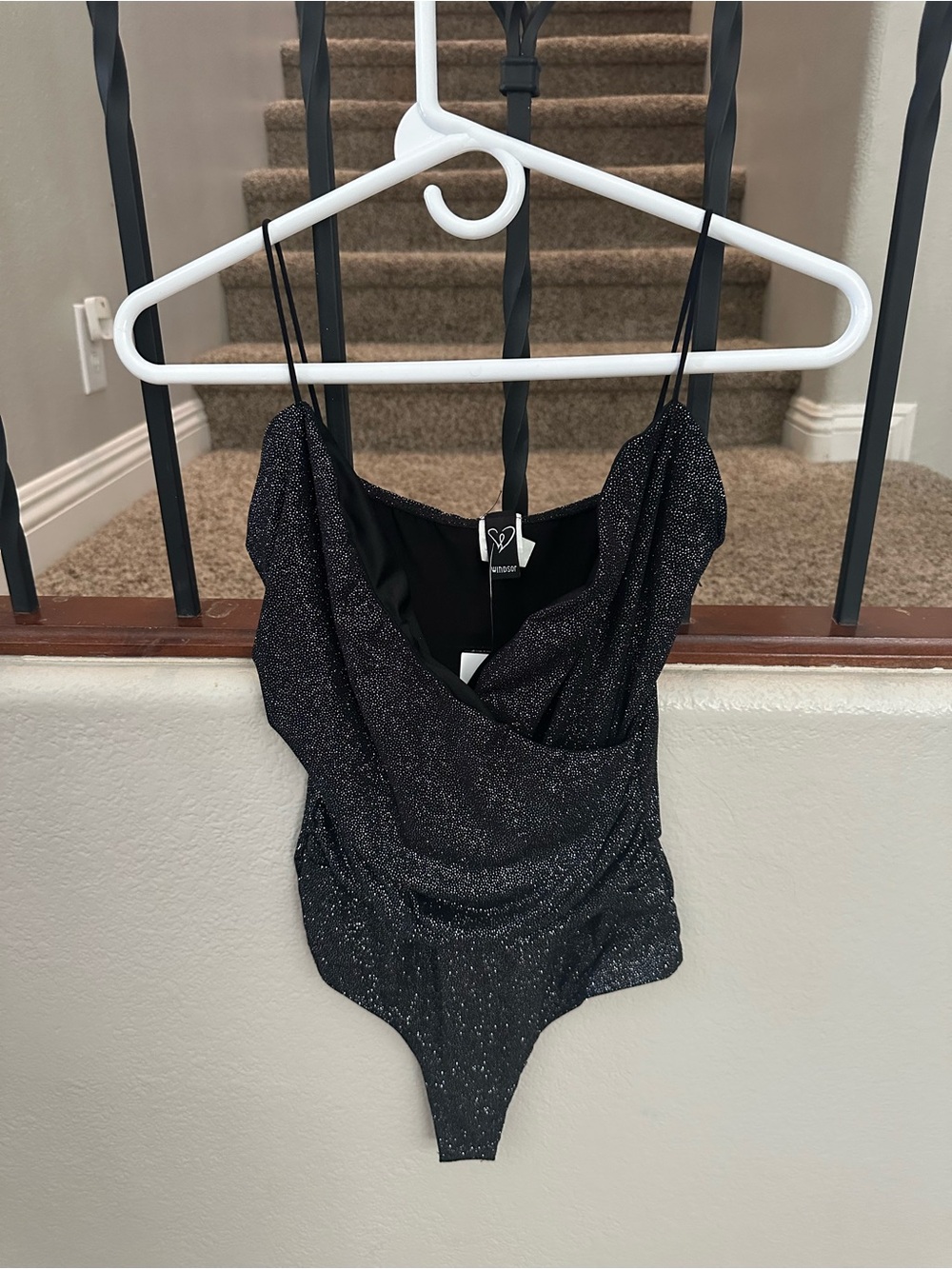 Windsor Shimmer Black Sparkle V-Neck Bodysuit